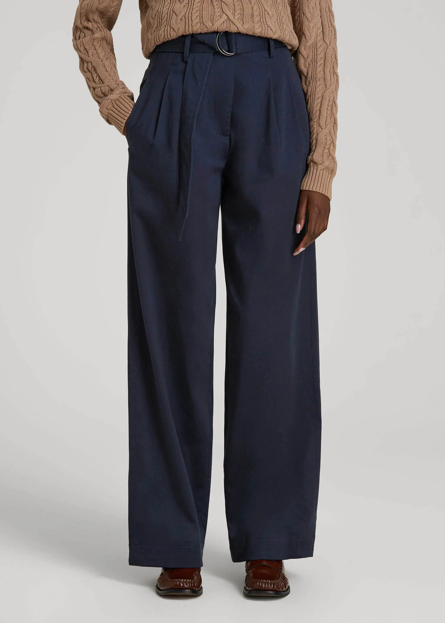 Pleated Wide Leg Chino With Belt for Tall Women in True Navy | American Tall