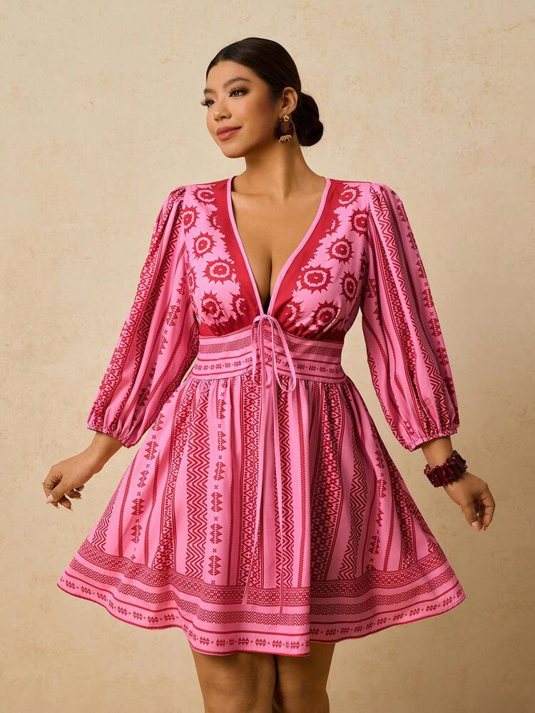 Travachic Plus Size Bohemian Floral Print Front Tie Bow V-Neck Long Sleeve Short Dress, Casual Holiday Style, Autumn Pink Vacation Dress Lantern Sleeve Dress Puffy Sleeve Dress Cajuni Dress Casual Dress For Women Floral Dress Pink Dress Valentine Outfits For Women | SHEIN