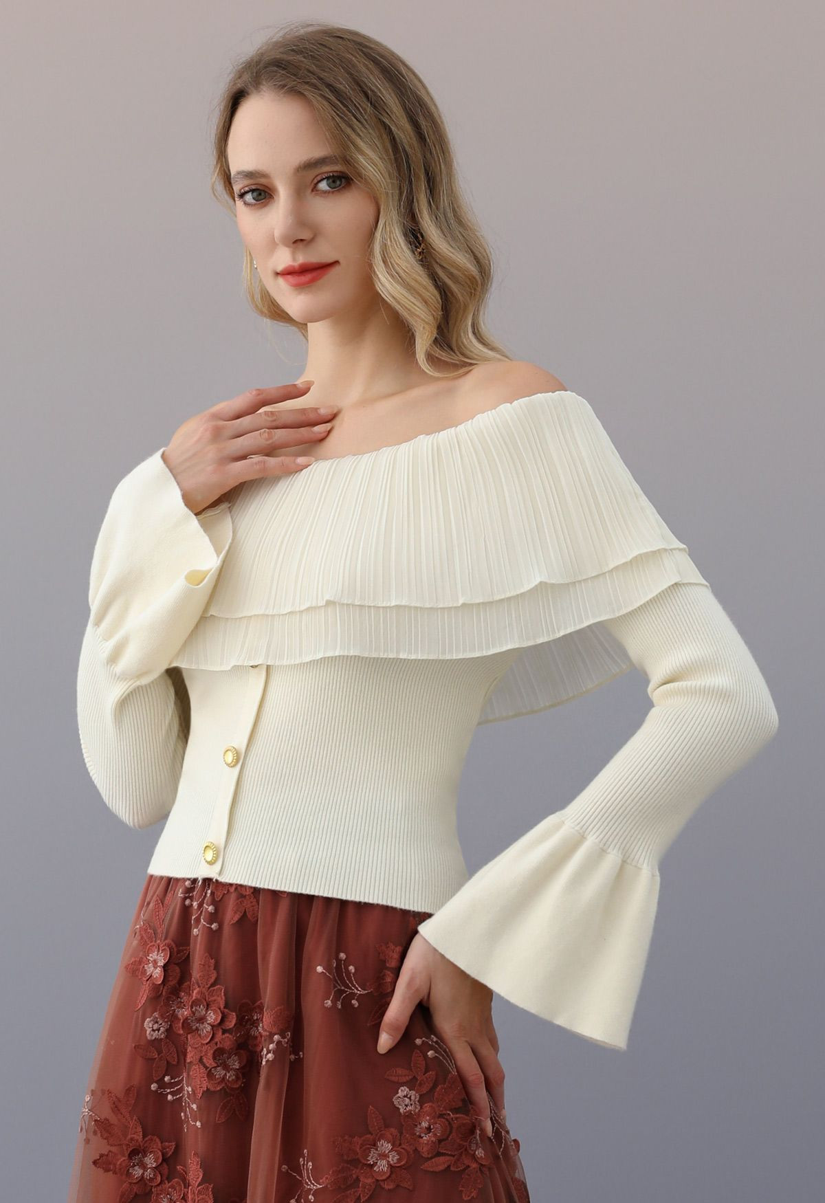 Off-Shoulder Double-Layered Pleated Spliced Knit Top in Cream | Chicwish
