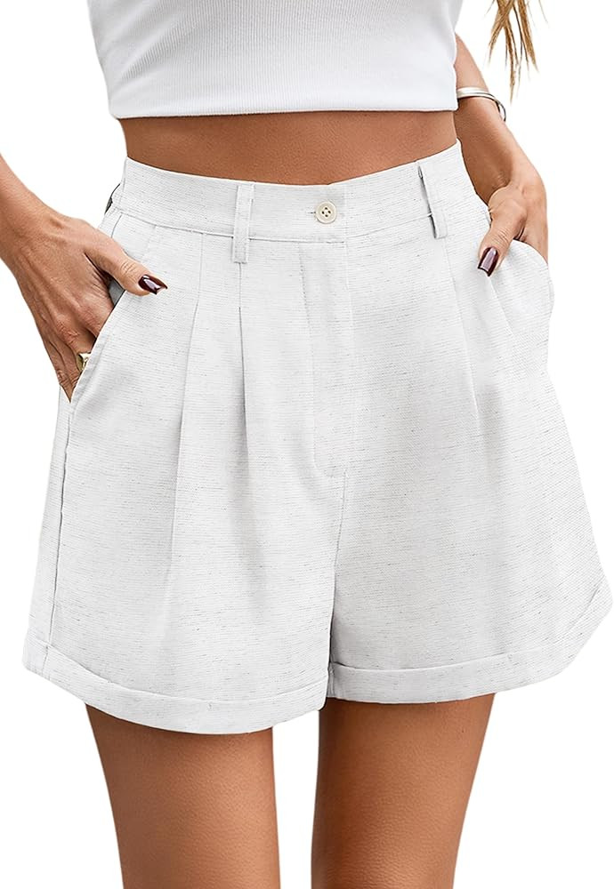 Allimy Womens Summer High Waisted Cuffed Shorts Back Elastic Waistband Pleated Linen Shorts with ... | Amazon (US)