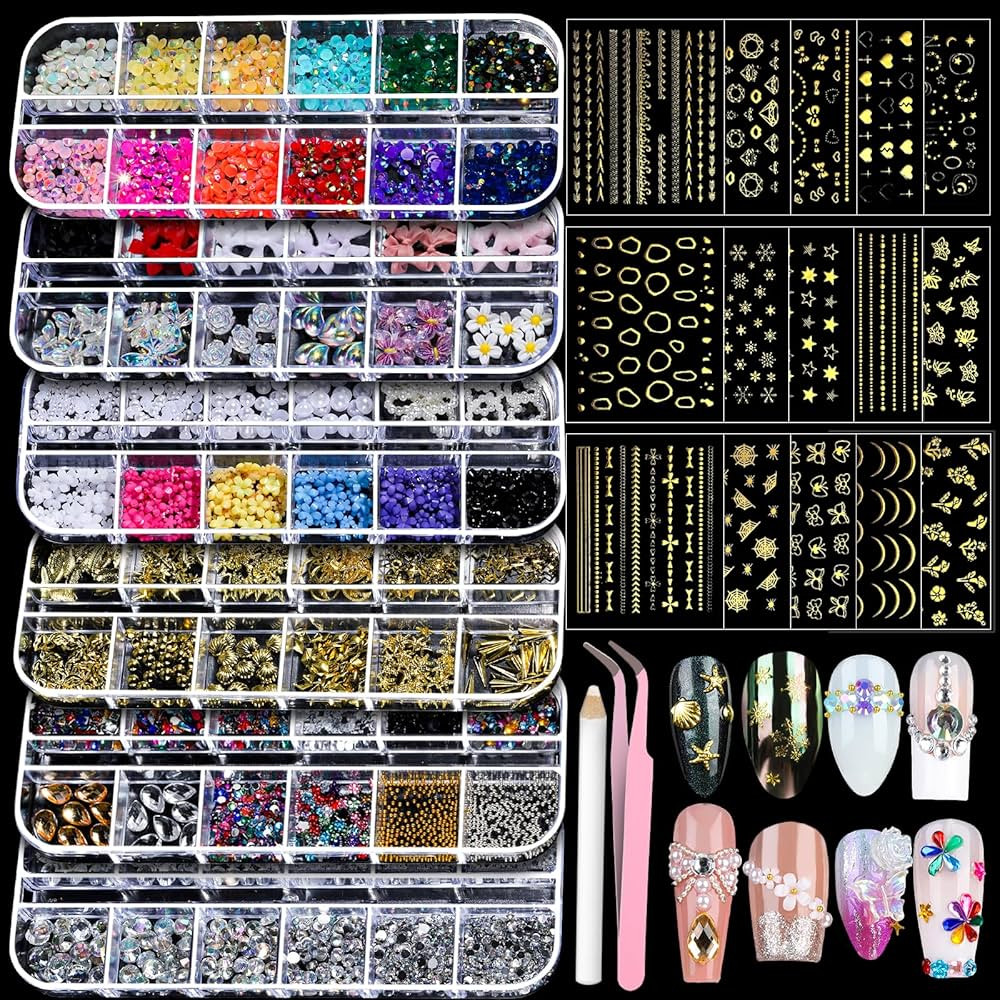Teenitor Nail Charms Nail Art Kit with 15 Sheets Gold Nail Stickers, 6 Boxes of Nail Gems Nail Ar... | Amazon (US)