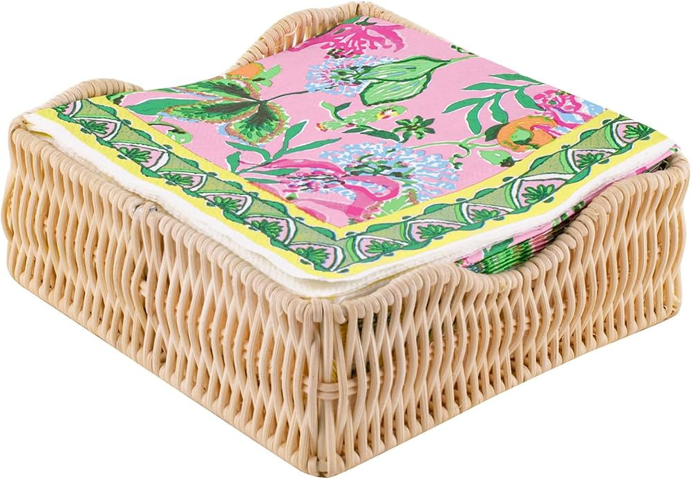 Lilly Pulitzer 40 Cocktail Napkins with Raffia Napkin Holder, Pink Disposable Paper Napkins, Reus... | Amazon (US)