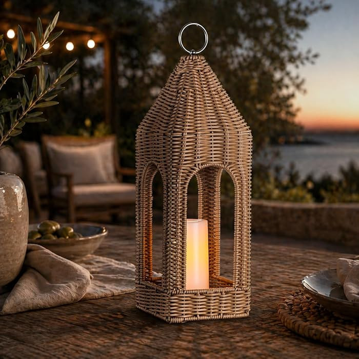 H17 Inch Natural Rattan Solar Lantern with LED Flameless Candle Handwoven Wicker Decorative Lante... | Amazon (US)