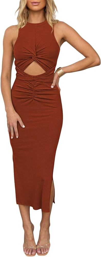Duigluw Women's Summer Knit Sleeveless Crosscriss Cutout Ruched Bodycon Midi Dress with Slit | Amazon (US)