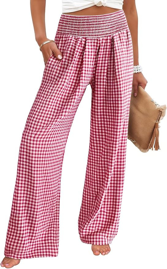CHOUYATOU Women's Retro Plaid Wide Leg Pants Gingham Smocked High Waisted Dressy Palazzo Pants Tr... | Amazon (US)