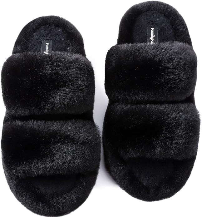 FamilyFairy Womens Fluffy Faux Fur Slippers Comfy Open Toe Two Band Slides with Fleece Lining and... | Amazon (CA)