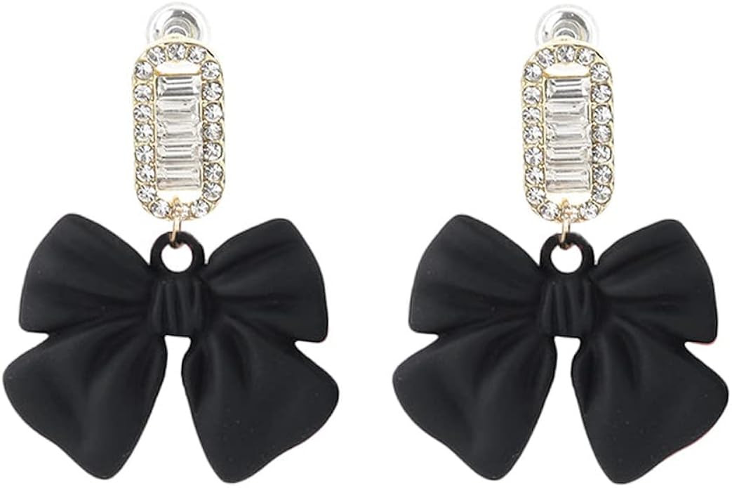 Channel V Ribbon Bow Dangle Earrings Rhinestone Matte Black Red Vintage Earrings Luxury Square Cr... | Amazon (US)