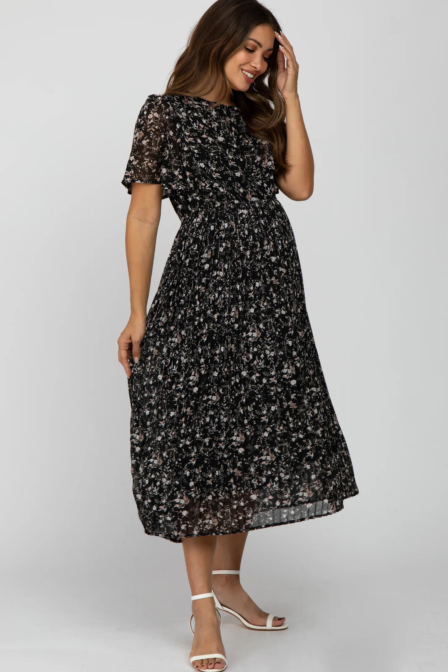 Black Floral Pleated Short Sleeve Chiffon Maternity Midi Dress | PinkBlush Maternity