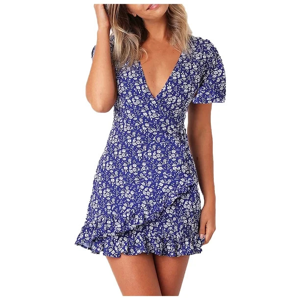 ERTUTUYI Women's Summer Short-Sleeved V-neck Casual Butterfly Lace-up Ruffle Dress Blue M | Walmart (US)