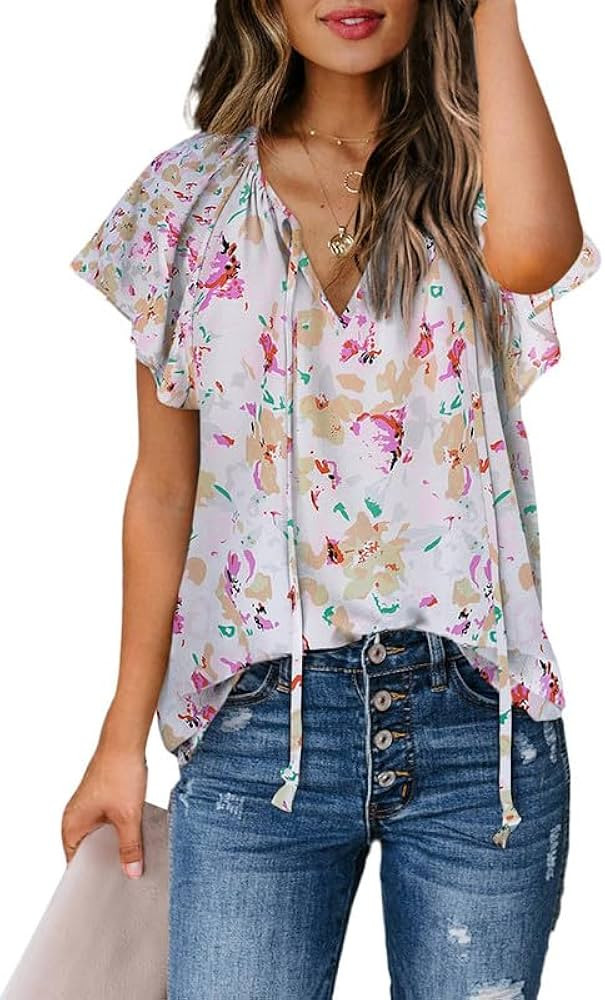 SHEWIN Women's Casual Boho Floral Print V Neck Long Sleeve Drawstring Tops Loose Blouses Button D... | Amazon (US)