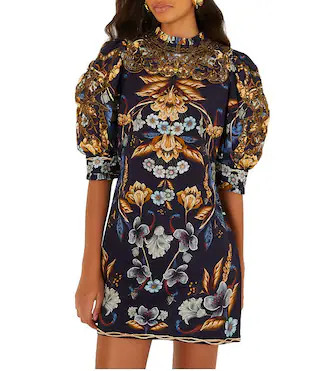 Farm Rio Golden Nature Printed Mock Neck Short Sleeve Mini Sheath Dress -  S | Dillard's
