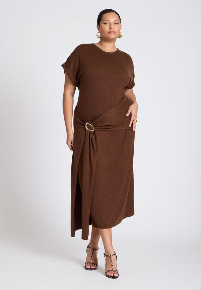 Rolled Sleeve Midi Dress With Buckle | Eloquii