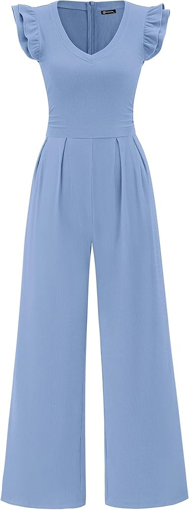 PRETTYGARDEN One Piece Jumpsuits For Women Dressy Ruffle Cap Sleeve V Neck Ribbed Knit Wide Leg R... | Amazon (US)