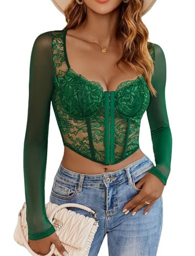 Avidlove Women Mesh Top Lace Crop Top Long Sleeve Sheer Blouse Y2K Mesh Shirts Sexy Going Out Tops Club Outfits Green M | Amazon (US)