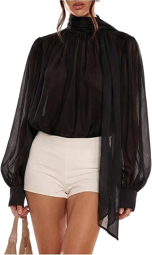 Verdusa Women's Sheer Chiffon Blouses Lantern Long Sleeve Shirts Oversized Tops with Scarf | Amazon (US)