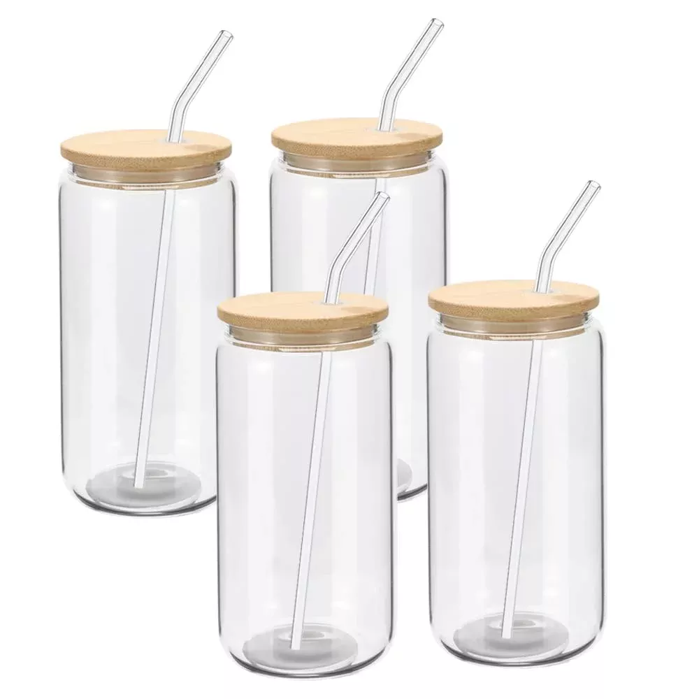 20 OZ Glass Cups with Bamboo Lids and Straws - Beer Can Shaped Drinking  Glasses