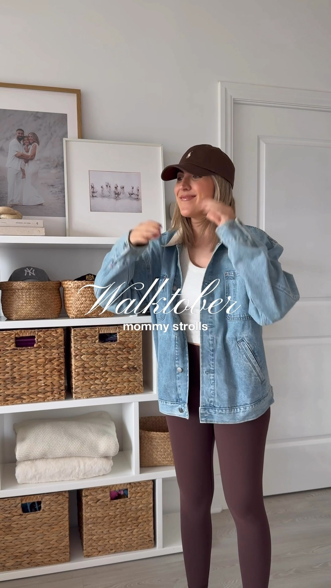 Walktober EP.2 brown leggings, denim jacket, polo hat 