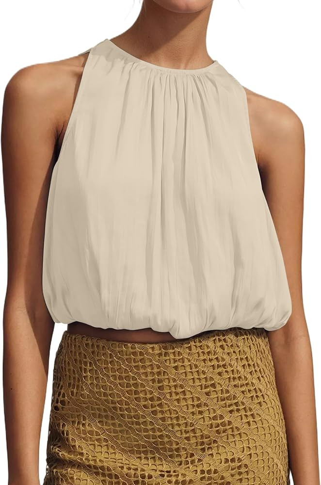 Ythomm Women\u2019s Halter Crop Bubble Tops Summer Sleeveless Crewneck Puffy Hem Cropped Tank Top... | Amazon (US)