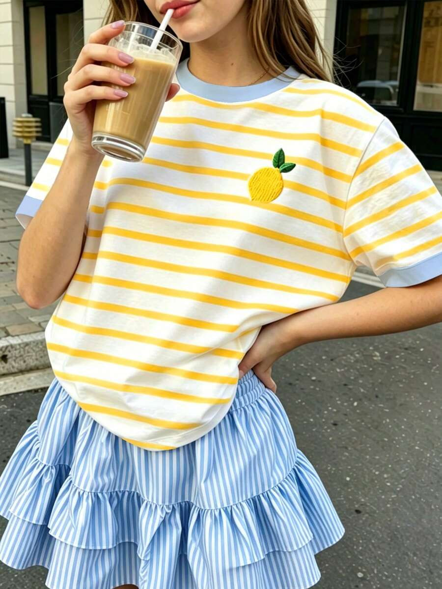 SHEIN Sparklyn 1pc Tween Girl Casual Summer Vacation T-Shirt, Yellow Lemon Faux Embroidered Strip... | SHEIN