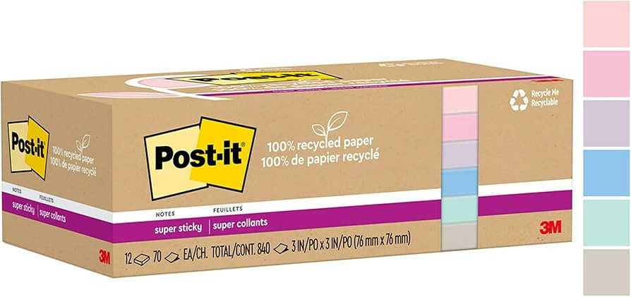 Post-it 100% Recycled Paper Super Sticky Notes, 2X The Sticking Power, 3x3 in, 12 Pads/Pack, 70 S... | Amazon (US)