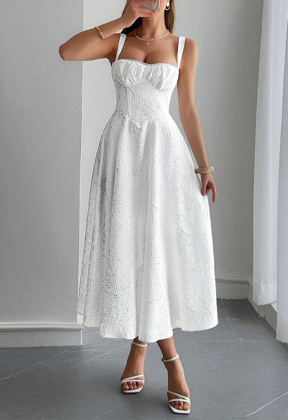 Floral Jacquard Lace-Up Back Corset Dress in White | Chicwish