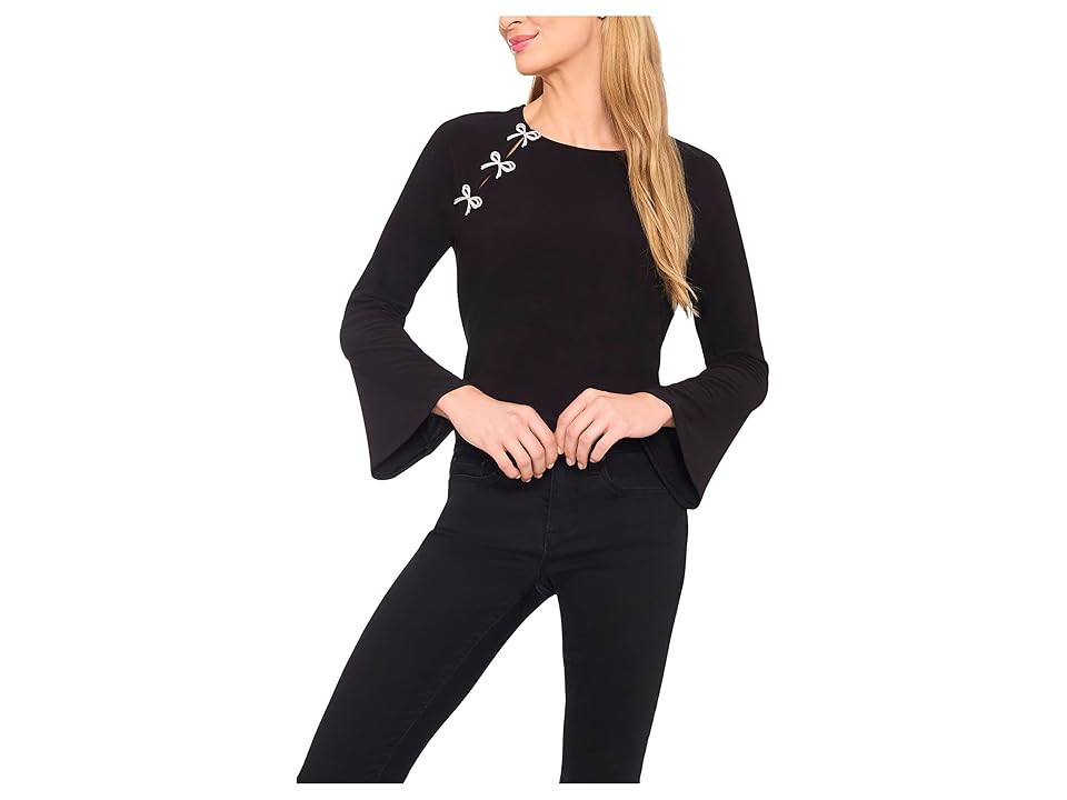 CeCe Pearl Bow Applique Long Sleeve Knit Top Women's Clothing Rich Black : LG, Polyester/Spandex | Zappos