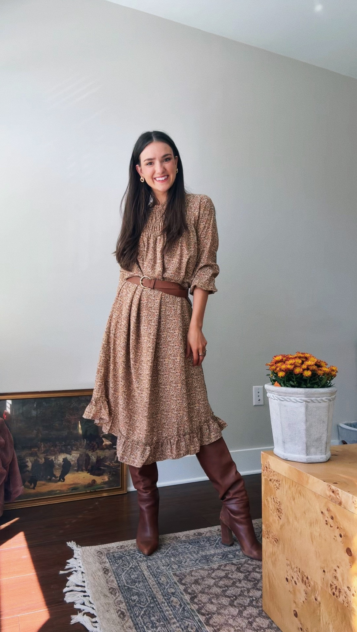Fall outfit 

[Steve Madde, brown knee high boots, Gold Buckle Belt, brown floral midi dress, fall dress, fall style, fall outfits, Indigo Soul, Smocked Dress, Floral‎ Print Long Sleeve, Ruffle Hem Small, gold knot earring]  

 #LTKSeasonal #LTKFindsUnder50 #LTKFindsUnder100