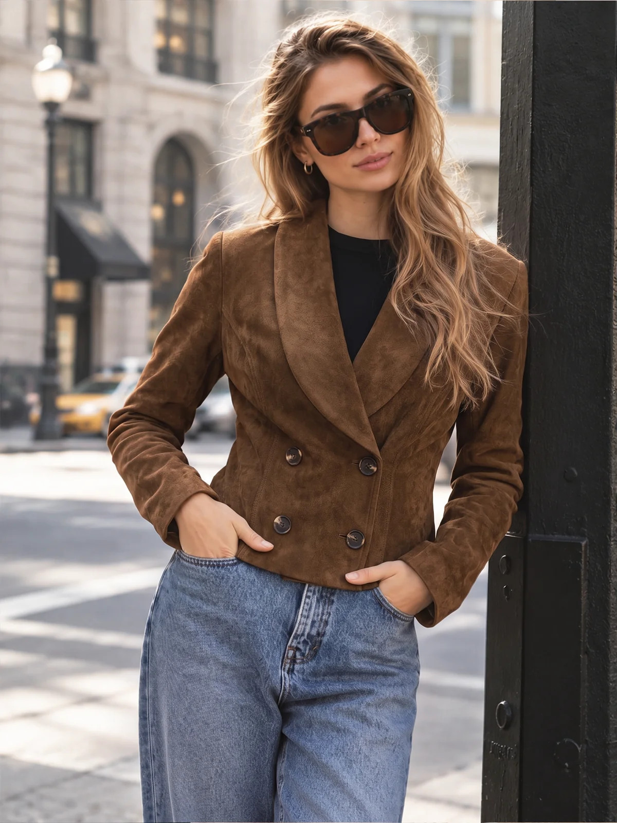 Faux Suede Double Breasted Blazer | Commense