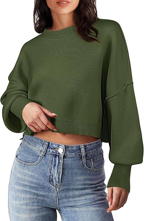 MEROKEETY Women's 2025 Crewneck Cropped Sweater Fall Batwing Sleeve Oversized Side Slit Ribbed Kn... | Amazon (US)