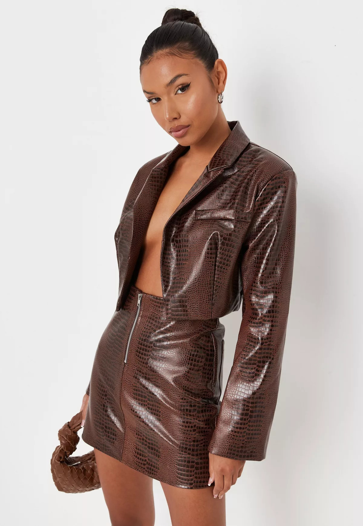 Brown Co Ord Faux Leather Mock Croc Super Crop Tailored Blazer | Missguided (US & CA)