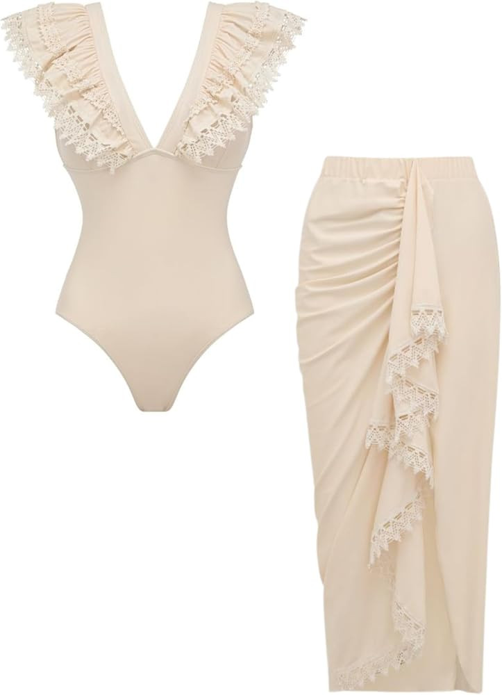 Women's Deep-V Ruffled Lace Bathing Suits Solid-Color Elegant Swimsuit and Skirt | Amazon (US)