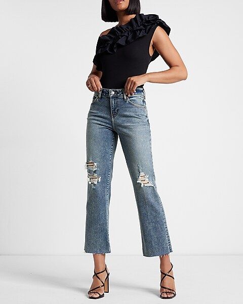 Mid Rise Medium Wash Ripped 90s Ankle Boot Jeans | Express