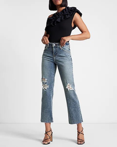 Mid Rise Medium Wash Ripped 90s Ankle Boot Jeans | Express