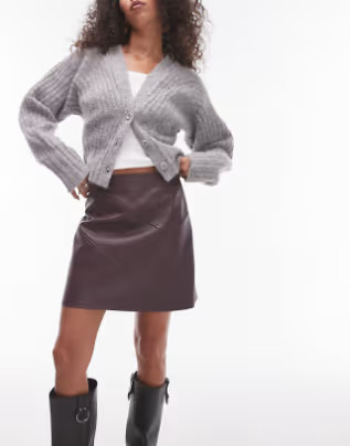 Topshop faux leather paneled seam pelmet skirt in burgundy | ASOS (Global)