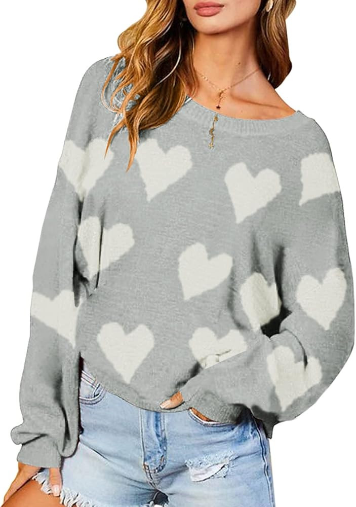 Chang Yun Womens Heart Print Pullover Sweaters Cute Knitted Long Batwing Sleeves Backless Loose W... | Amazon (US)