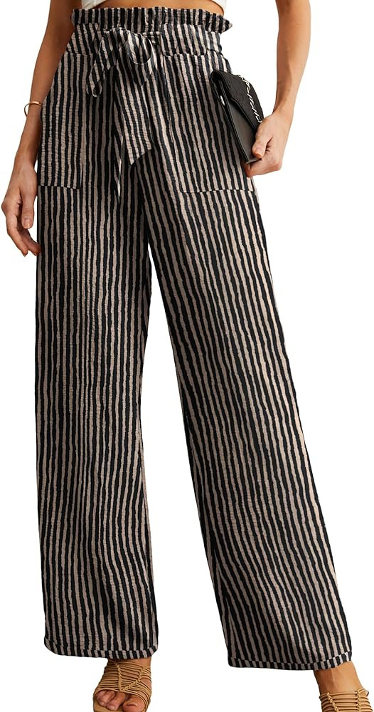 IWOLLENCE Women's Wide Leg Pants with Pockets High Waist Adjustable Knot Loose Casual Trousers Bu... | Amazon (US)