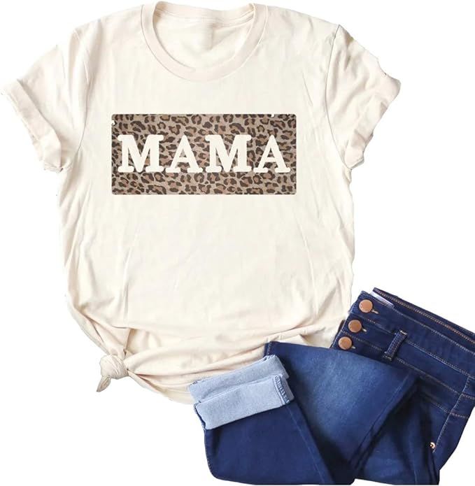 DORFALNE Women's Mother's Days Mama T-Shirts Leopard Print Letter Printed Short Sleeve Mom Life G... | Amazon (US)