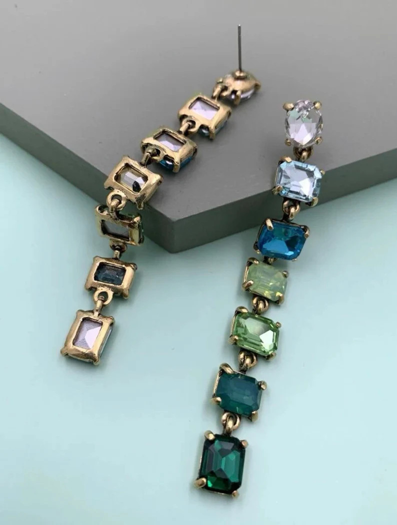 Green Long Rhinestone Chandelier Earrings Green Glamorous Earrings Long Dangle Green Statement Rh... | Etsy (US)