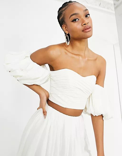 ASOS EDITION linen off shoulder pleated top in ivory | ASOS (Global)
