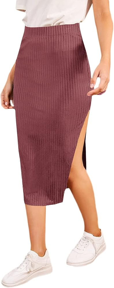 SheIn Women's Slit Midi Skirt Split Bodycon Pencil Ribbed Knit Midi Skirts | Amazon (US)