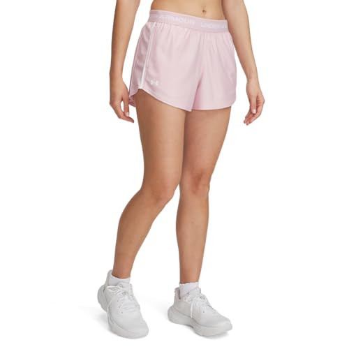 Under Armour Women's Tech Play Up Short, 3" Inseam Low Rise with Pockets, Quick Dry, Athletic Shorts for Workout, Running, and Gym, Prime Pink/White, Large | Amazon (US)