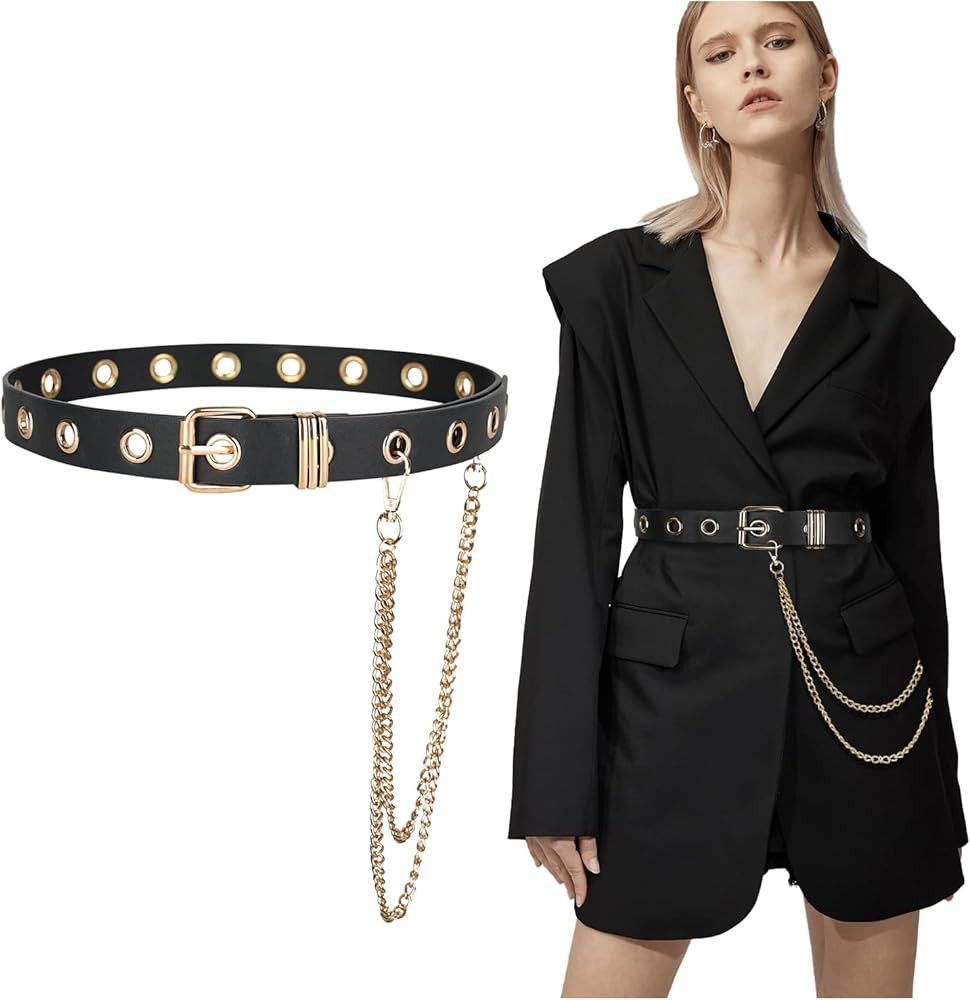 FIORETTO Grommet Leather Belt with Detachable Chain Women Men Punk Rock Waist Belts for Jeans Pan... | Amazon (US)