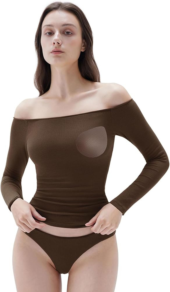 SUUKSESS Women Padded Off The Shoulder Tops Ribbed Long Sleeve Shirts Fall Basic | Amazon (US)