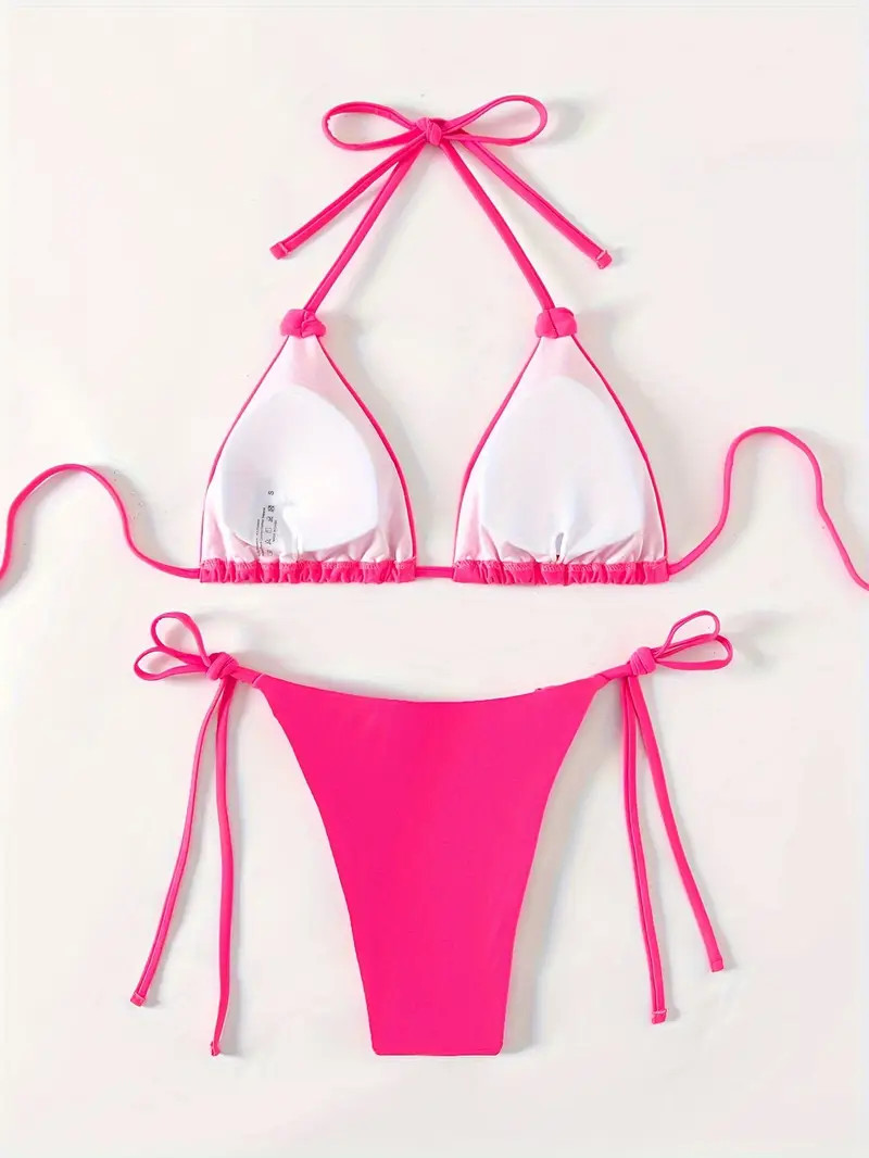 Plain Magenta Halter Bikini Triangle Tie Strap High Stretch - Temu | Temu Affiliate Program