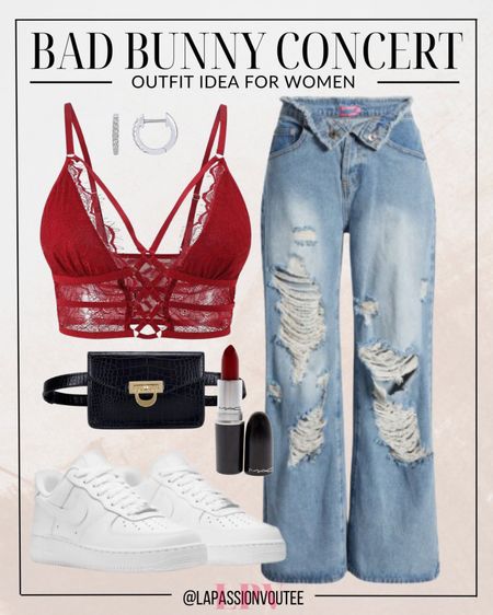 Elevate your concert style with this chic ensemble! Slip into distressed wide-leg jeans and a sexy bralette for a fierce look. Add huggie hoop earrings, a pop of red lipstick, and a mini leather belt bag for practical glam. Finish it off with comfy sneakers for all-night dancing!

#LTKparties #LTKfindsunder100 #LTKstyletip