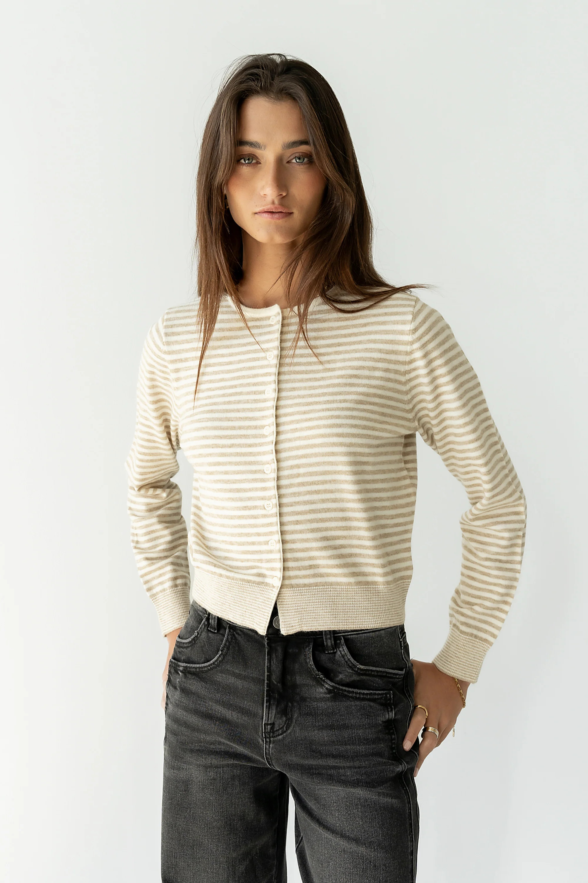 Edesse Striped Cardigan in Taupe | Böhme US