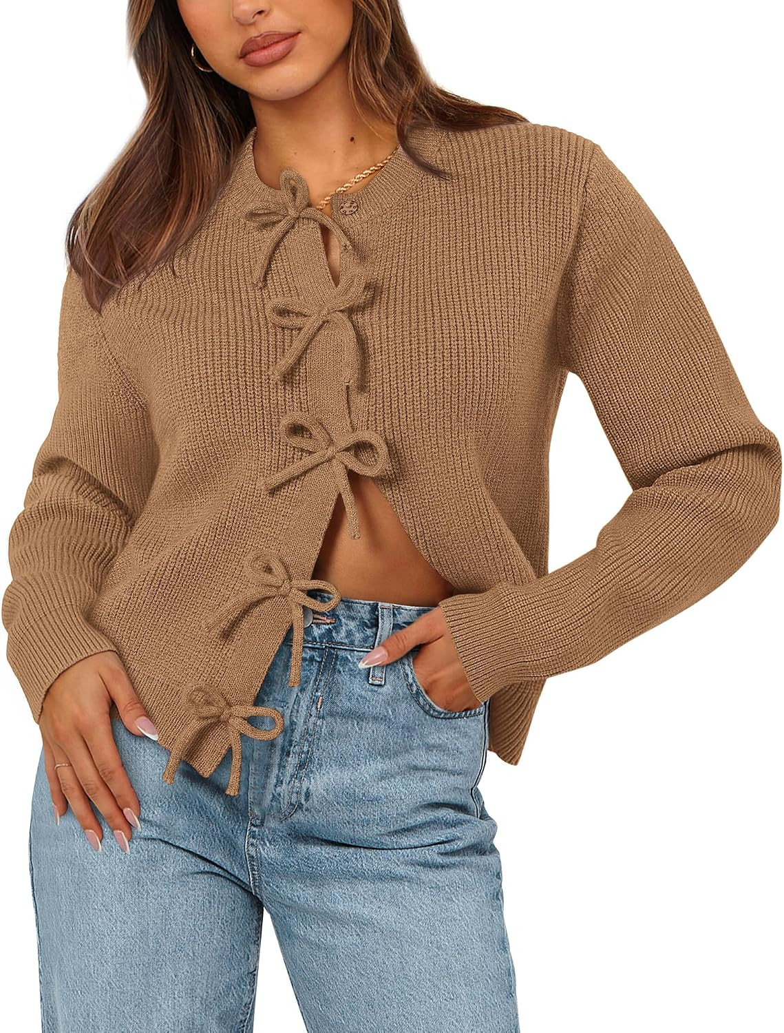 BTFBM Bow Cropped Cardigan Sweaters for Women 2026 Fall Winter Open Front Sweater Long Sleeve Button Fashion Spring Clothes | Amazon (US)