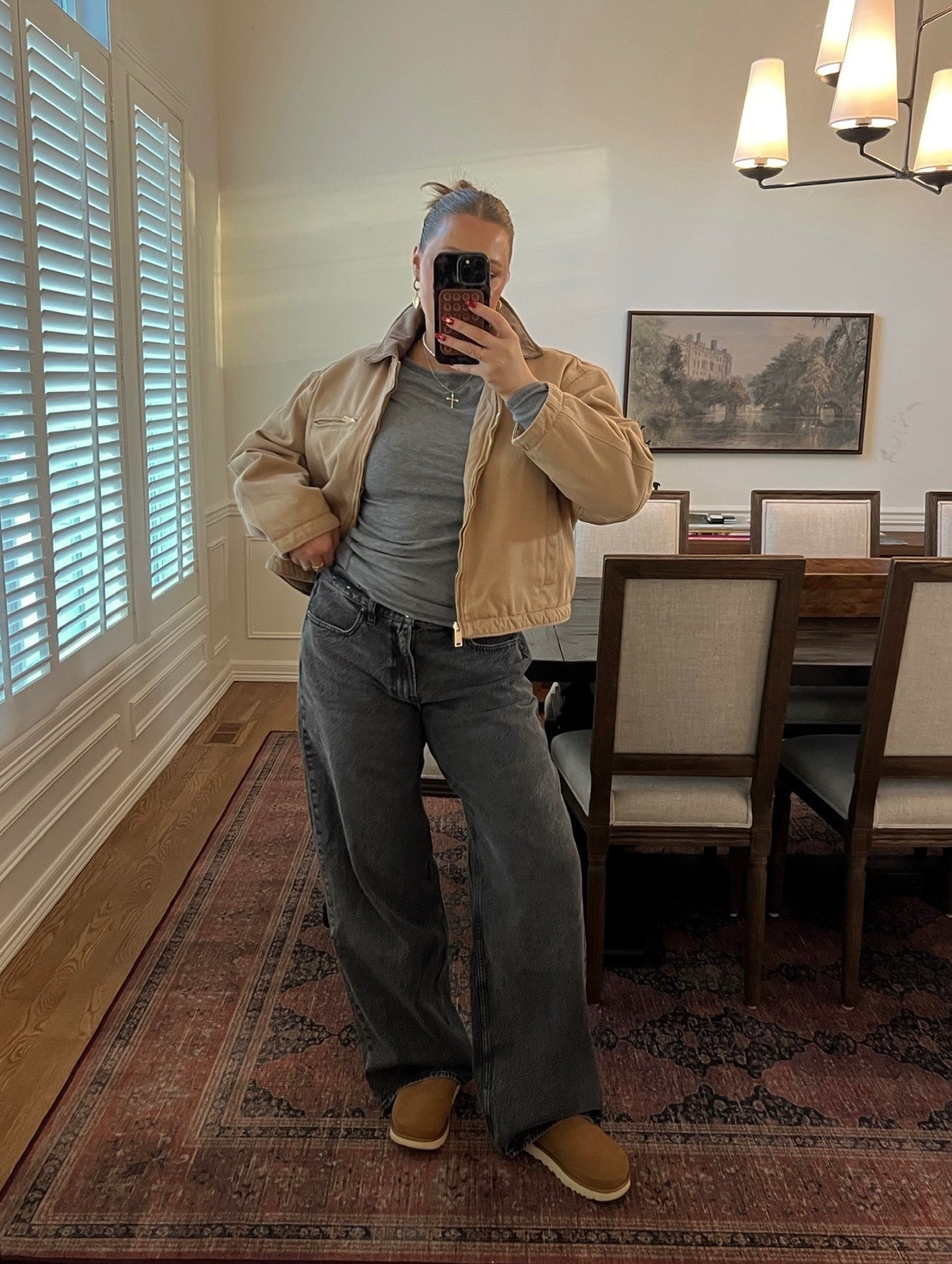 Barn jacket Abercrombie size medium, Agolde straight leg jeans true to size, linked similar ugg style for less $$ since they aren’t making this brown color anymore! 

Winter style, winter outfit, Agolde, Abercrombie, Ugg style, casual winter style 