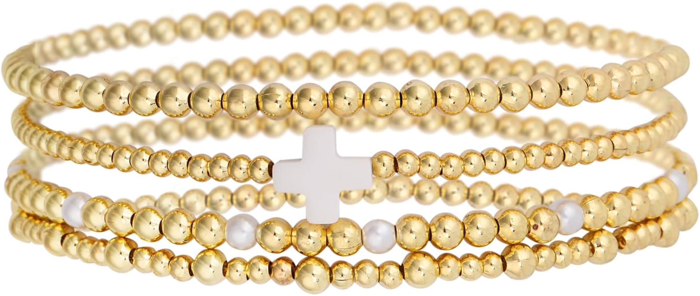 4pcs Gold Bead Stack Bracelets Set for Women, Non-Tarnish Gold Beaded Elastic Cross Pearl Bracele... | Amazon (US)