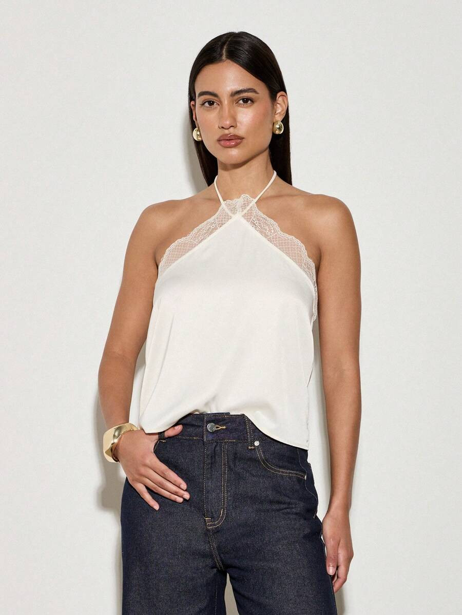 AiiRZ Halter Neck Lace Trim Satin Cami Top | SHEIN